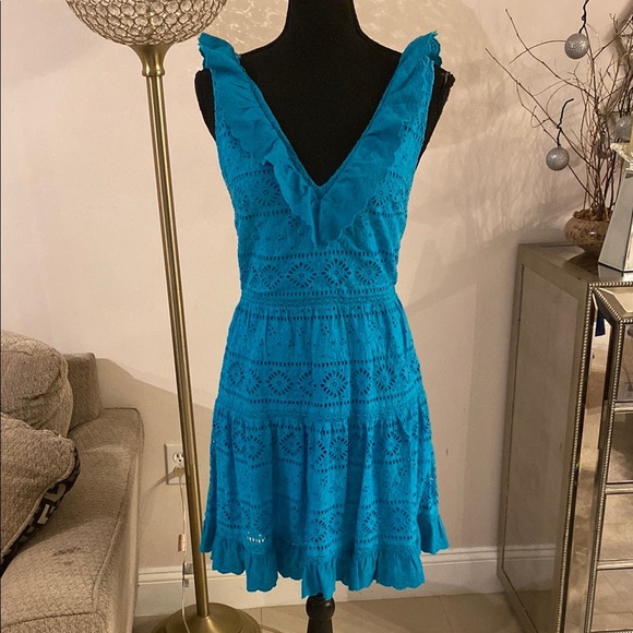 Alice+Olivia dress size 4Turquoise Blue Tiered Ruffled V-Neck Sundress - Picture 1 of 7